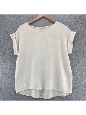 Bellambia Top Womens Medium Ivory Linen Cap Sleeve Tee Cotton Yoke Woven Detail